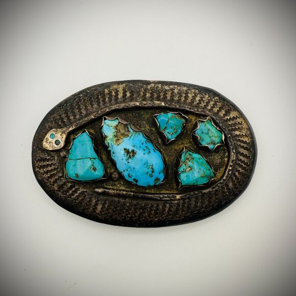 Vintage Effie Calavaza Zuni Sterling Silver Snake & Turquoise Belt Buckle w/Belt - Picture 1 of 10